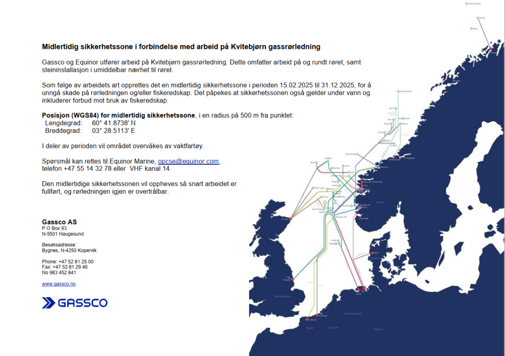 midlertidig sikkerhetssone i forbindelse med arbeid på kvitebjørn gassrørledning
